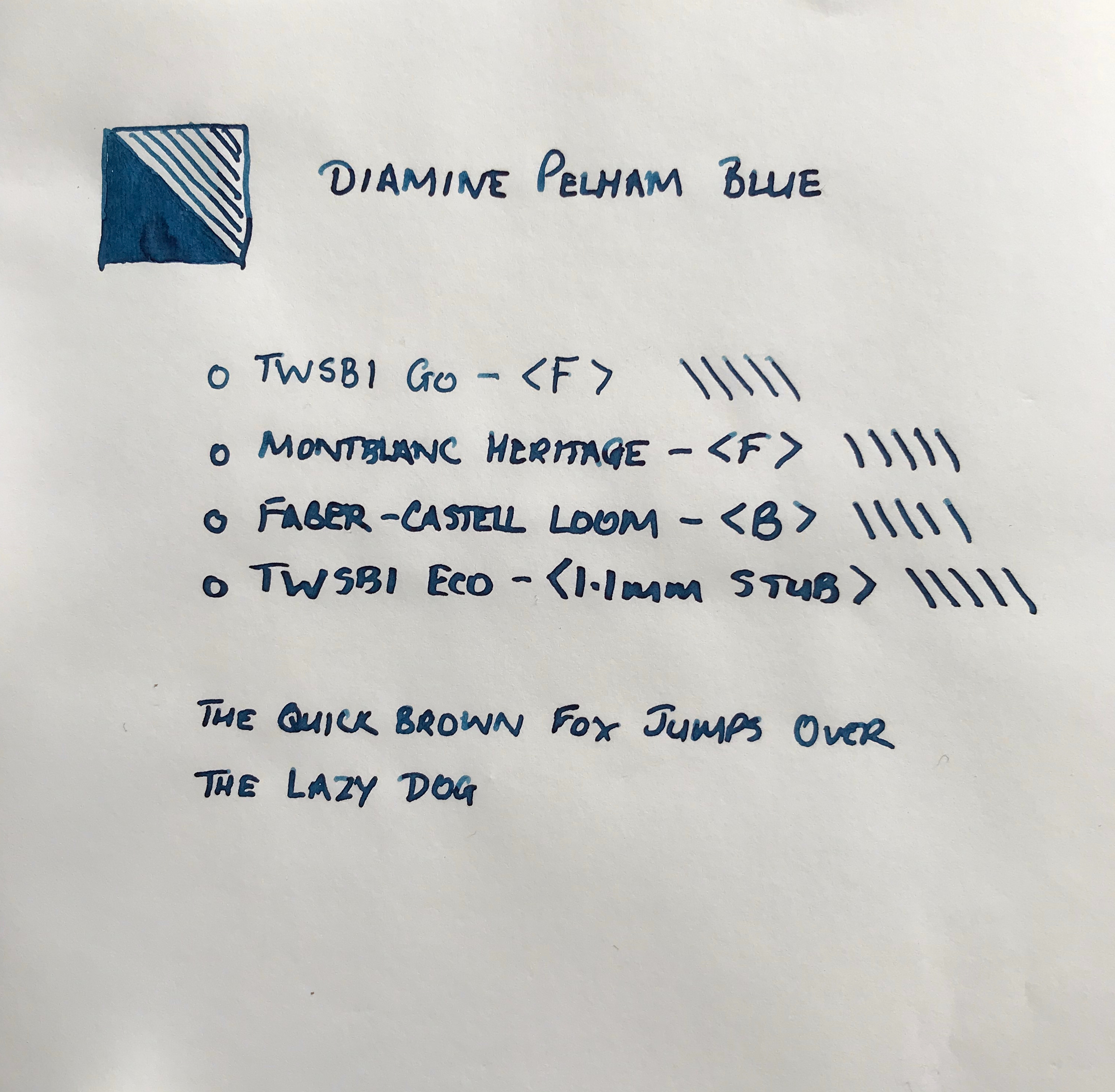 Pelham Blue in various pens
